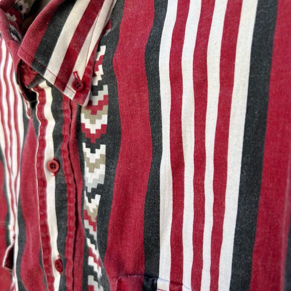 Vintage 90s Karman Aztec Maroon Stripe Southwestern Long Sleeve Button Up Shirt - Picture 4 of 6
